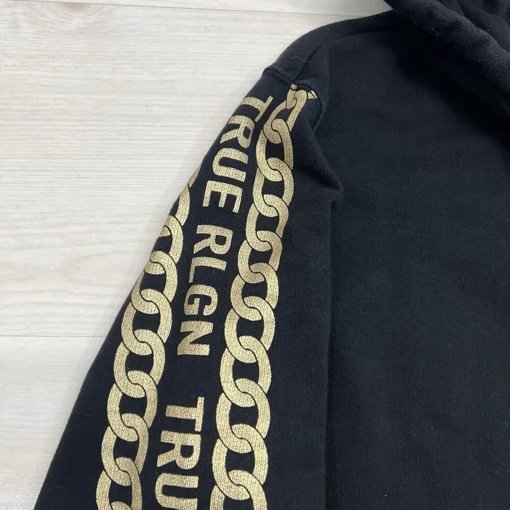 True Religion Hoodie Mens Small Black Gold Chain Spell Out Sleeves Full Zip